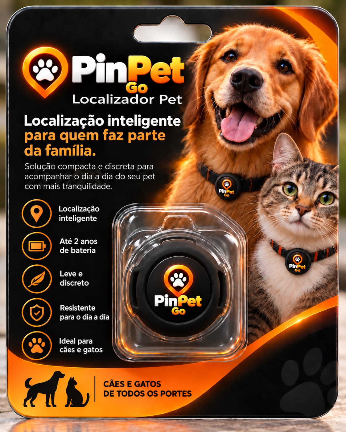 Embalagem do localizador PinPet Go para cães e gatos